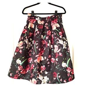 Forever 21 Black Floral Pleated A-Line Midi Skirt